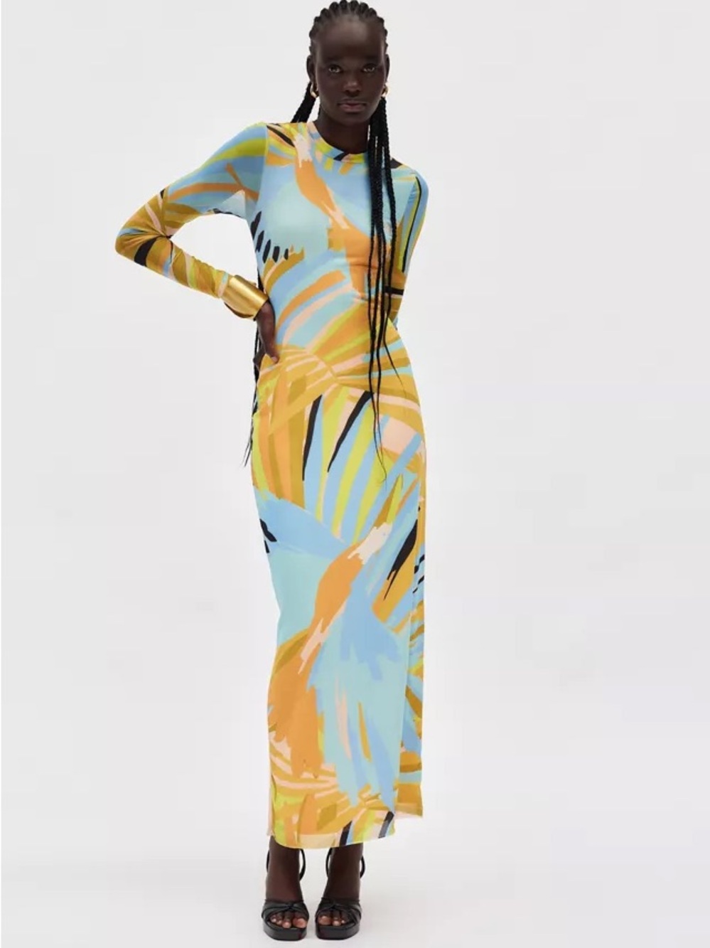 AFAbstract Print Long Sleeve Maxi Dress in Pastel Blue & Mustard
